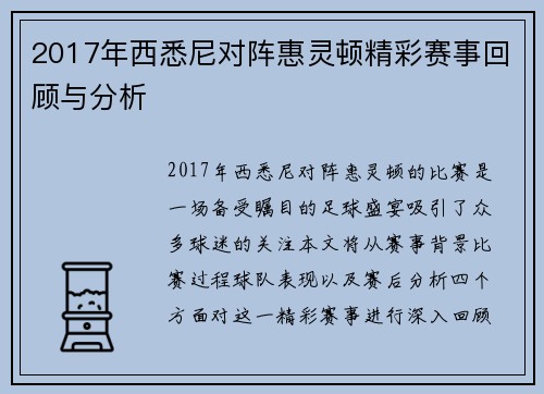2017年西悉尼对阵惠灵顿精彩赛事回顾与分析