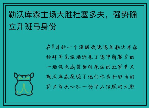 勒沃库森主场大胜杜塞多夫，强势确立升班马身份